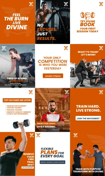 Divine Fitness nine-tile Instagram launch grid showing brand colours, the head coach, gym equipment and workout motivation tiles.