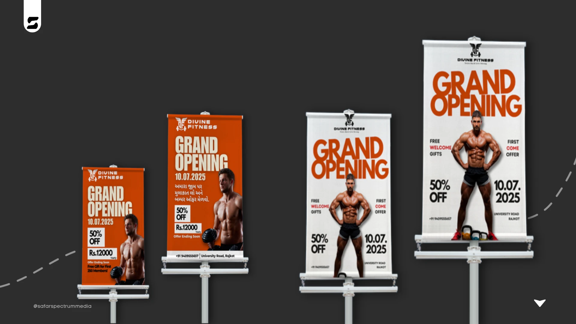 Divine Fitness Grand Opening roll-up banners and table-tent standees advertising 50% off and the 10.07.2025 opening date on University Road, Rajkot.