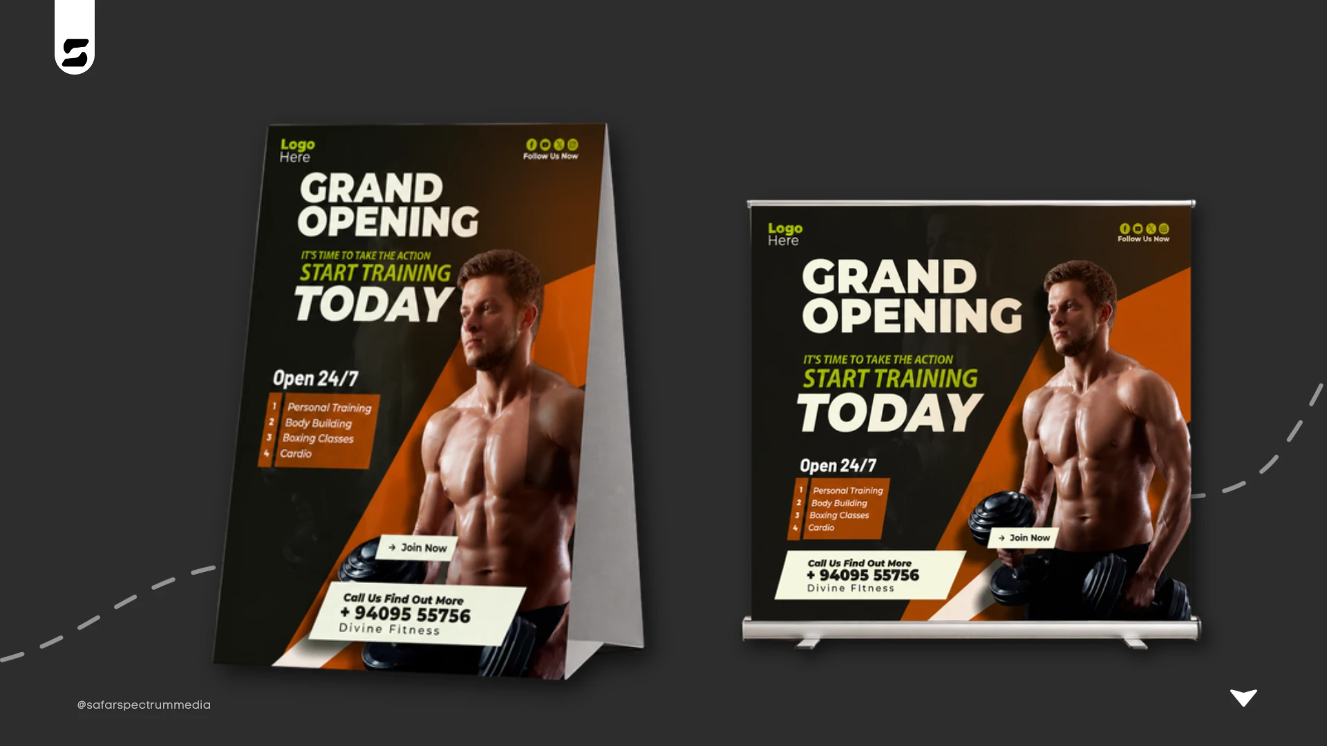 Divine Fitness table-tent and rollup banner mockup