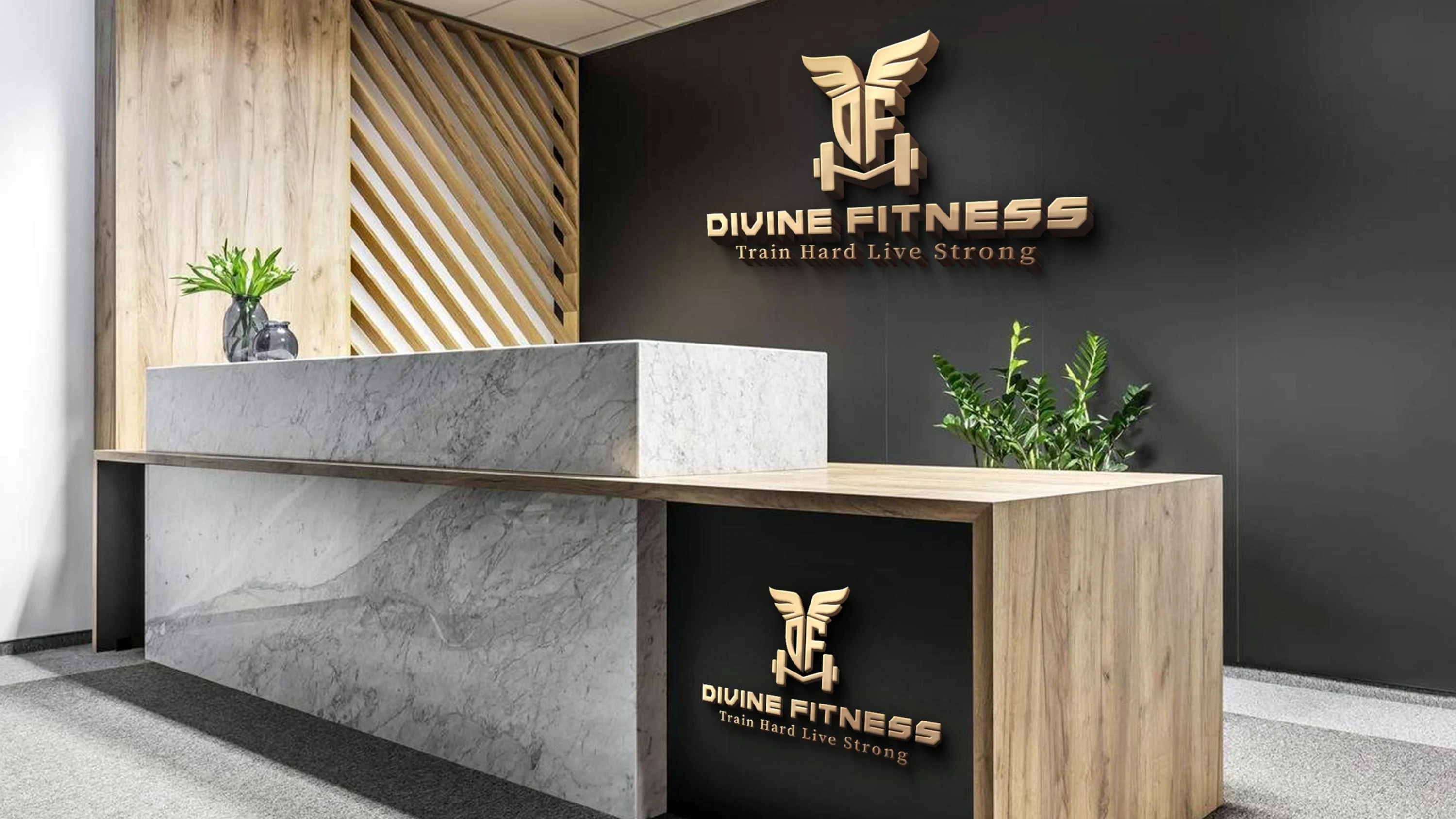 Divine Fitness reception desk signage in gold