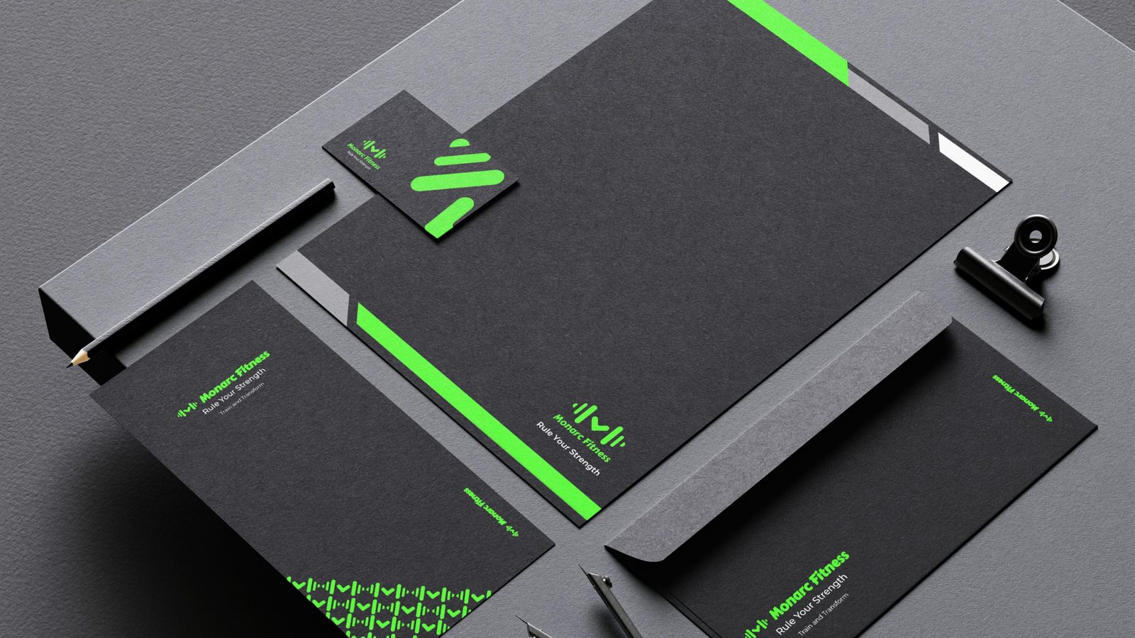 Monarc Fitness stationery — letterhead, business card, envelope